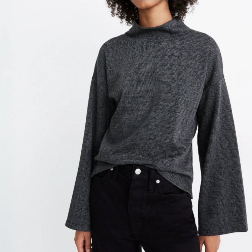 Madewell Small Wide Sleeve Mockneck Top in Mini Plaid Gray AD034 Workwear